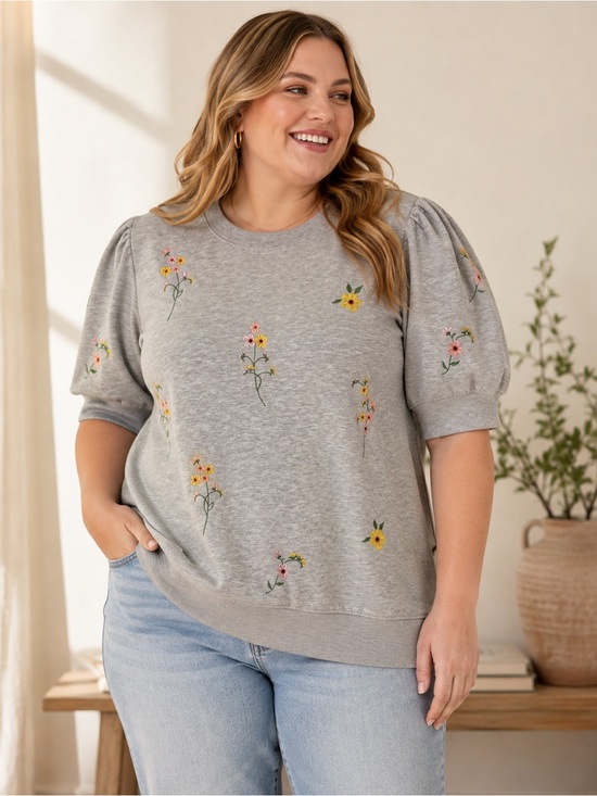 Jane and Delancey Tops - Jane + Delancey Floral Embroidered Puff Sleeve Sweatshirt Gray 1X NWOT